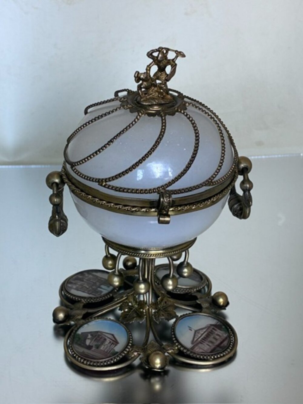 RARE Grand Tour Eglomise Opaline Jewelry Casket with Roman Soldiers Finial